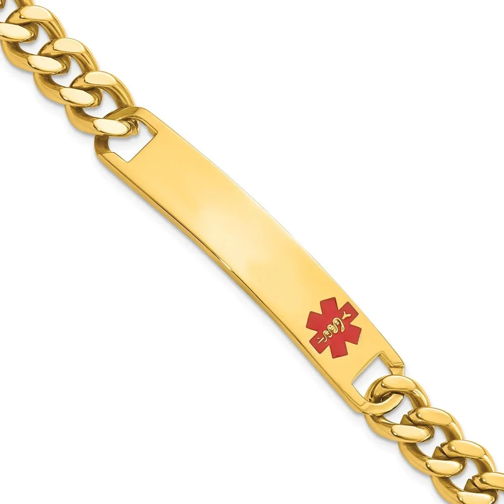 Stainless Steel Bracelet Medical Curb Kelly FluidsT 10 mm 8.25 in Fluids Yellow PVD Plated Red Epoxy ID Engravable