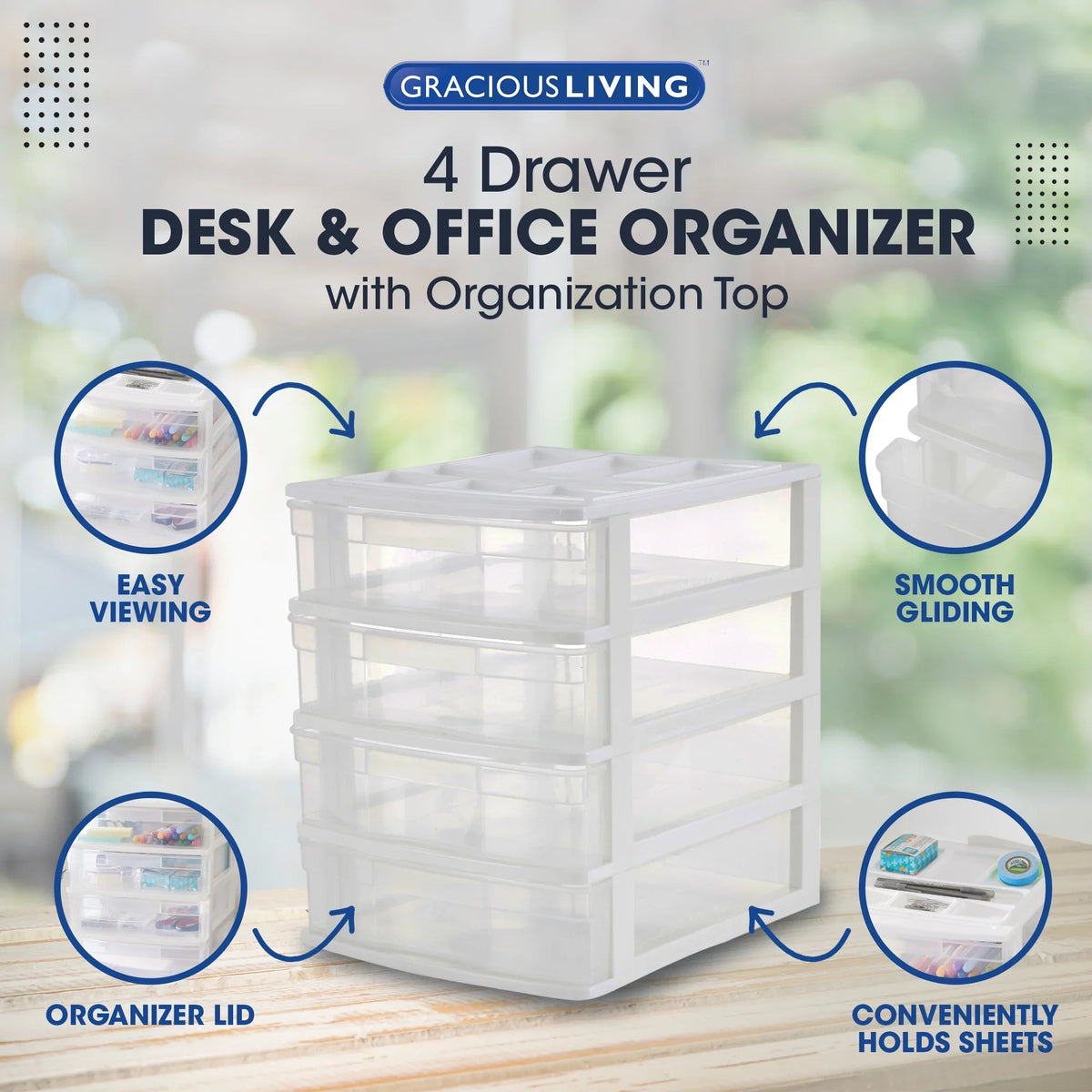 Gracious Living 4 Drawer Desktop Storage w/ Organizer Lid; White (4 Pack)