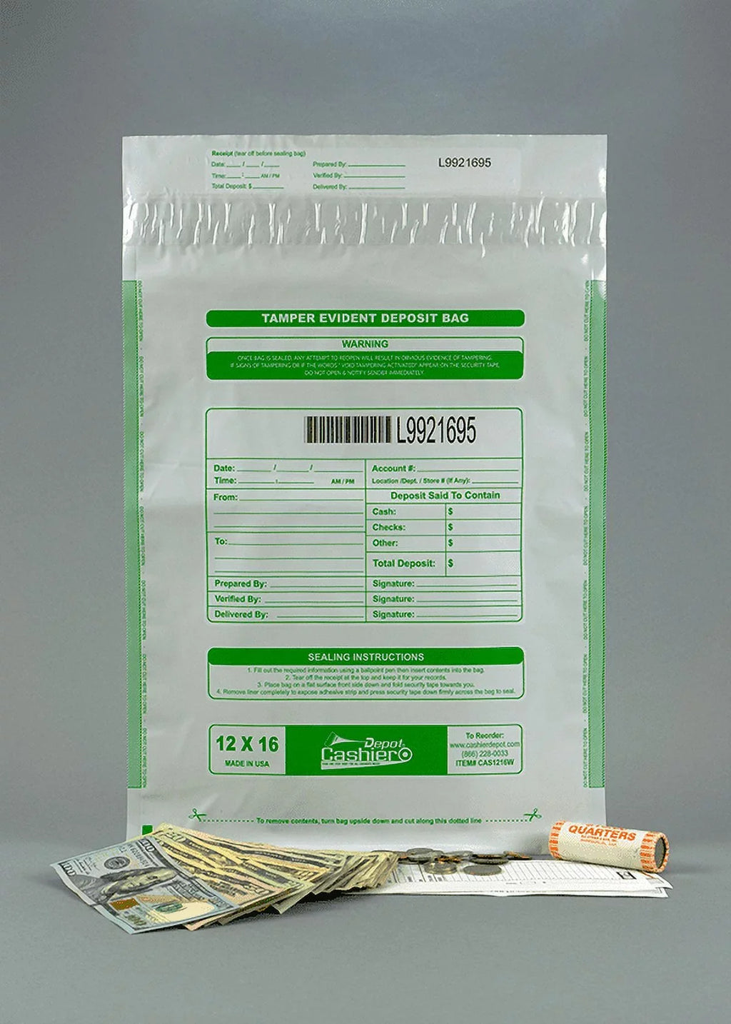 Cashier Depot Tamper Evident Deposit Bags; 12" x 16" White; Serialized Numbering; Barcode; Press & Seal Void Closure Tape (100 Bags)