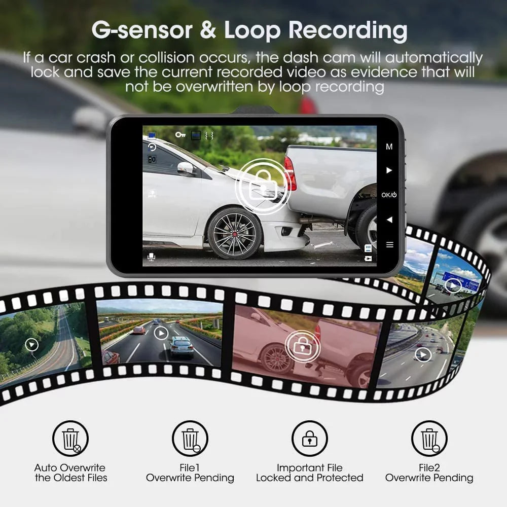 ABASK Q40S Dashcam Front and Rear 1080P FHD - 170° Wide Angle - 4 inch Screen - Reverse Parking Assistance; G-Sensor; Loop Recording; Parking Monitor; Motion Detection; WDR - With 32GB Card