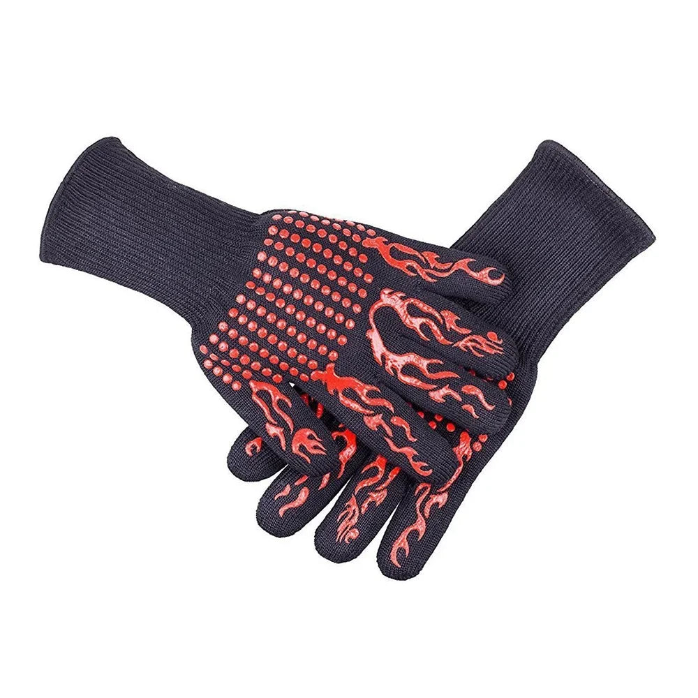 CACAGOO Barbecue Gloves with Silicone -slip Stripe Heat Proof Oven Gloves 500~800℃ Heat Resistant Grill Gloves for Outdoor Barbecue Garden Grilling Kitchen Cooking Welding