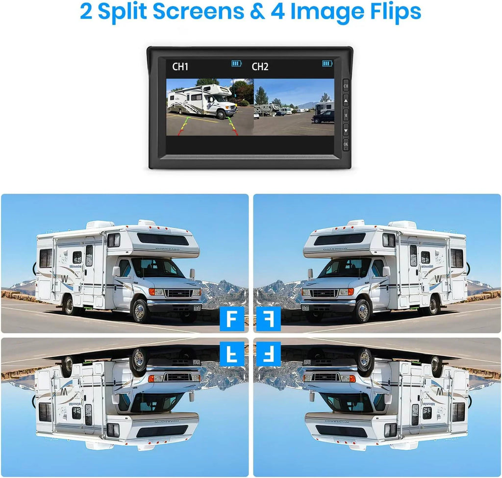 Auto-Vox Solar Wireless RV Backup Camera; 7'' Split-Screen Monitor with Dual Battery-Powered 2 PCS Trailer Rear View Camera and 2 Solar Panel; Campervans Wireless Reverse Cameras Systems