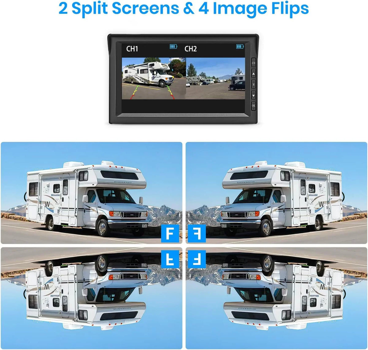 Auto-Vox Solar Wireless RV Backup Camera; 7'' Split-Screen Monitor with Dual Battery-Powered 2 PCS Trailer Rear View Camera and 2 Solar Panel; Campervans Wireless Reverse Cameras Systems