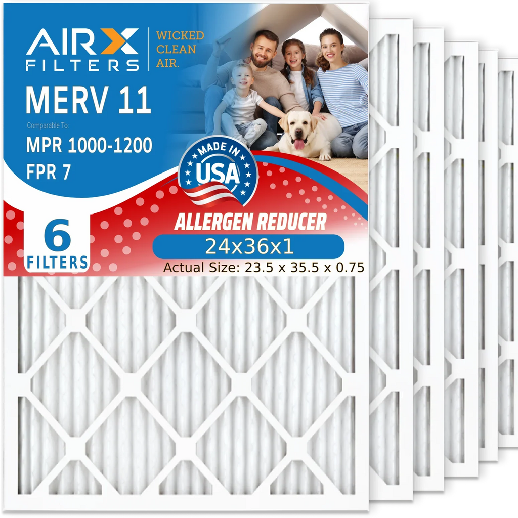 24x36x1 Air Filter MERV 11 Comparable to MPR 1000; MPR 1200 & FPR 7 Electrostatic Pleated Air Conditioner Filter 6 Pack HVAC Premium USA Made 24x36x1 Furnace Filters by AIRX FILTERS WICKED CLEAN AIR.