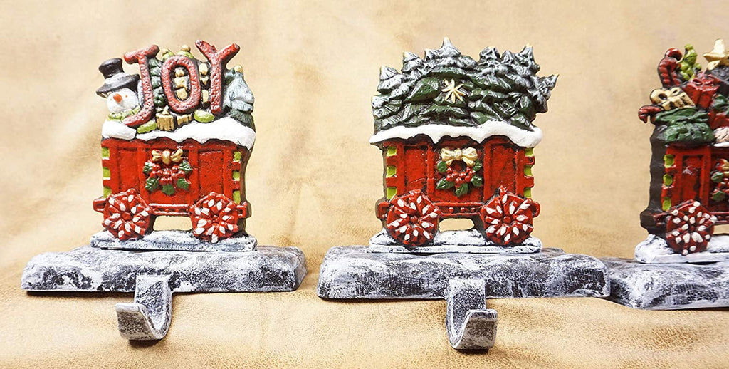 LuLu Decor; 100% Cast Iron Christmas Stocking Holders; 2D Train Engine with 5 Rail carts; 7 Stocking Hooks; Beautiful & Strong Sturdy Heavy Hooks; Each Weighs Approx 3 lb (Combo Train 2D)