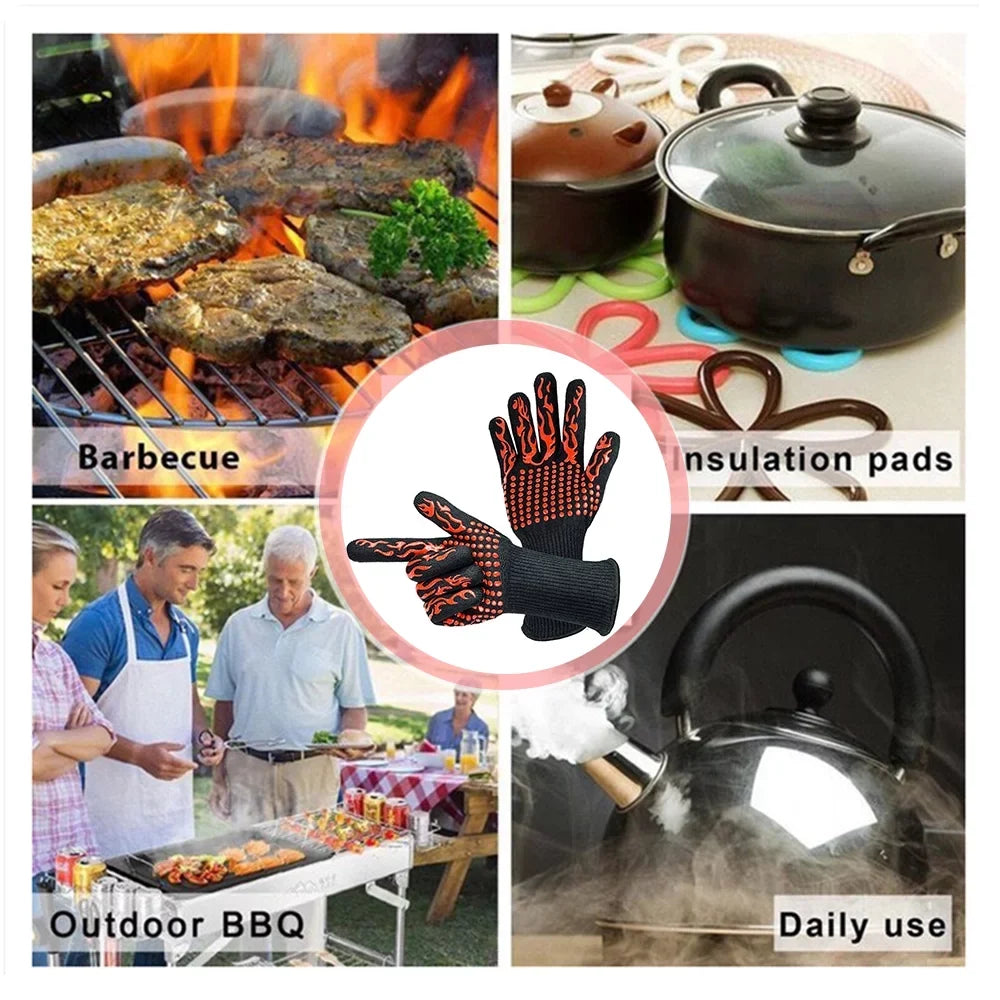 CACAGOO Barbecue Gloves with Silicone -slip Stripe Heat Proof Oven Gloves 500~800℃ Heat Resistant Grill Gloves for Outdoor Barbecue Garden Grilling Kitchen Cooking Welding