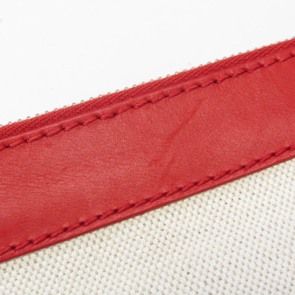 Pre-Owned Balenciaga 373840 Women's Leather;Canvas Clutch Bag;Pouch Beige;Red Color (Good)