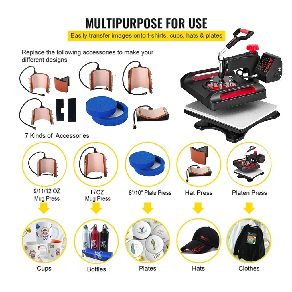 Red Heat Press Device 8 in 1; 12 x 15 footes Sublimation Transfer Printer; Digital Precise LCD Control Printing; 360 Swing Away Vinyl Transfer Printer for T-Shirts; Canvas Bag; Pillow; Banner