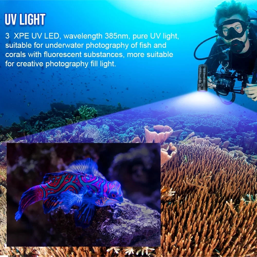 TrustFire DF90 Scuba Diving Light; 15000 Lumens Video Camera Photography Dive LED Flashlight; 70M Underwater Scuba Diving Flashlight; Super Bright; with Violet Red White Lights