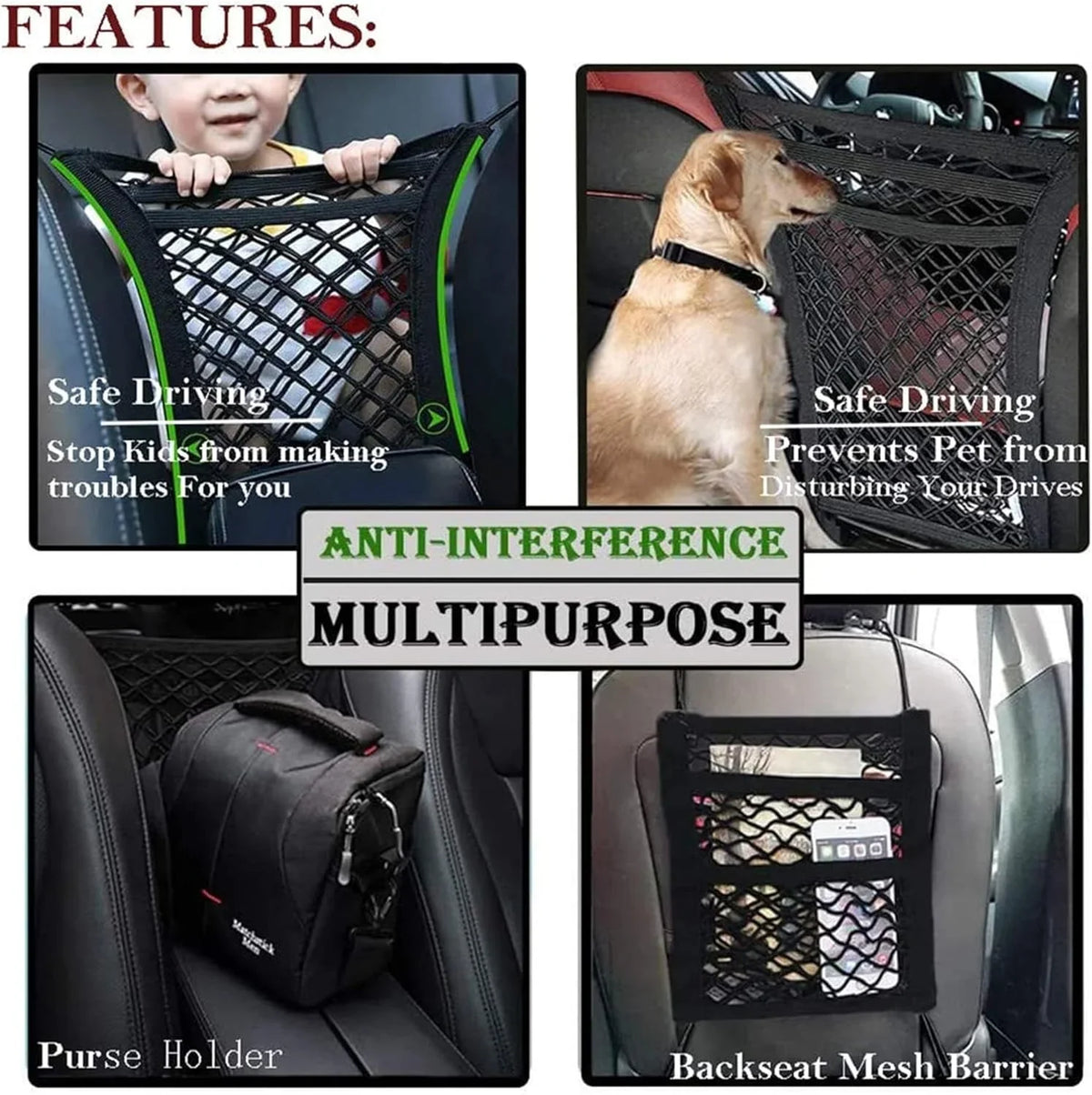 DYKESON Pet Barrier Dog Car Net Barrier with Auto Safety Mesh Organizer Baby Stretchable Storage Bag Universal for Cars; SUVs -Easy Install;Safer to Drive with Pets and Children; 3 Layer(S)