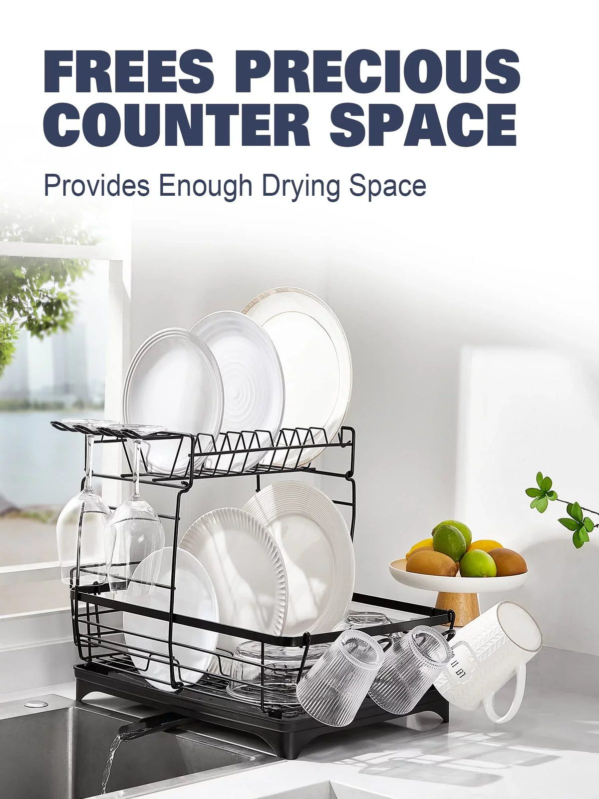 2 Tier Dish Drying Rack for Kitchen Counter; Extra Large Black