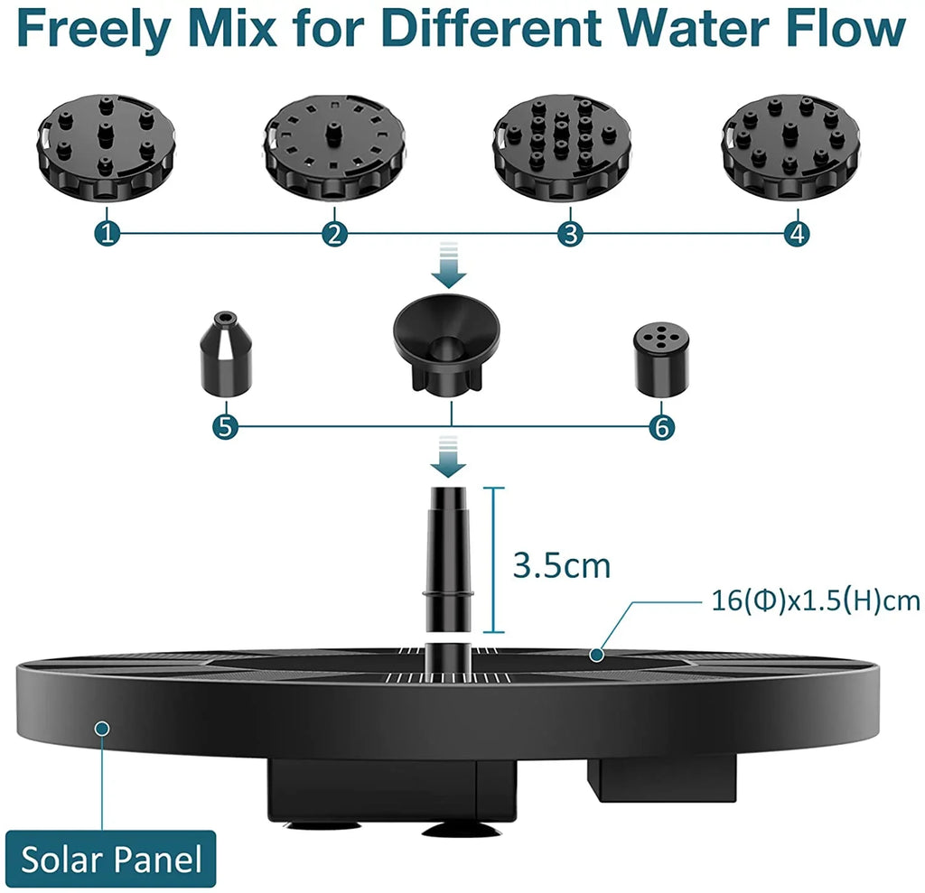 AISITIN 1.5W Solar Fountain Pump; newly upgraded with 6 nozzles solar bird bath fountain; suitable for ponds; gardens; bird baths; fish tanks; outdoor independent solar pump floating fountains