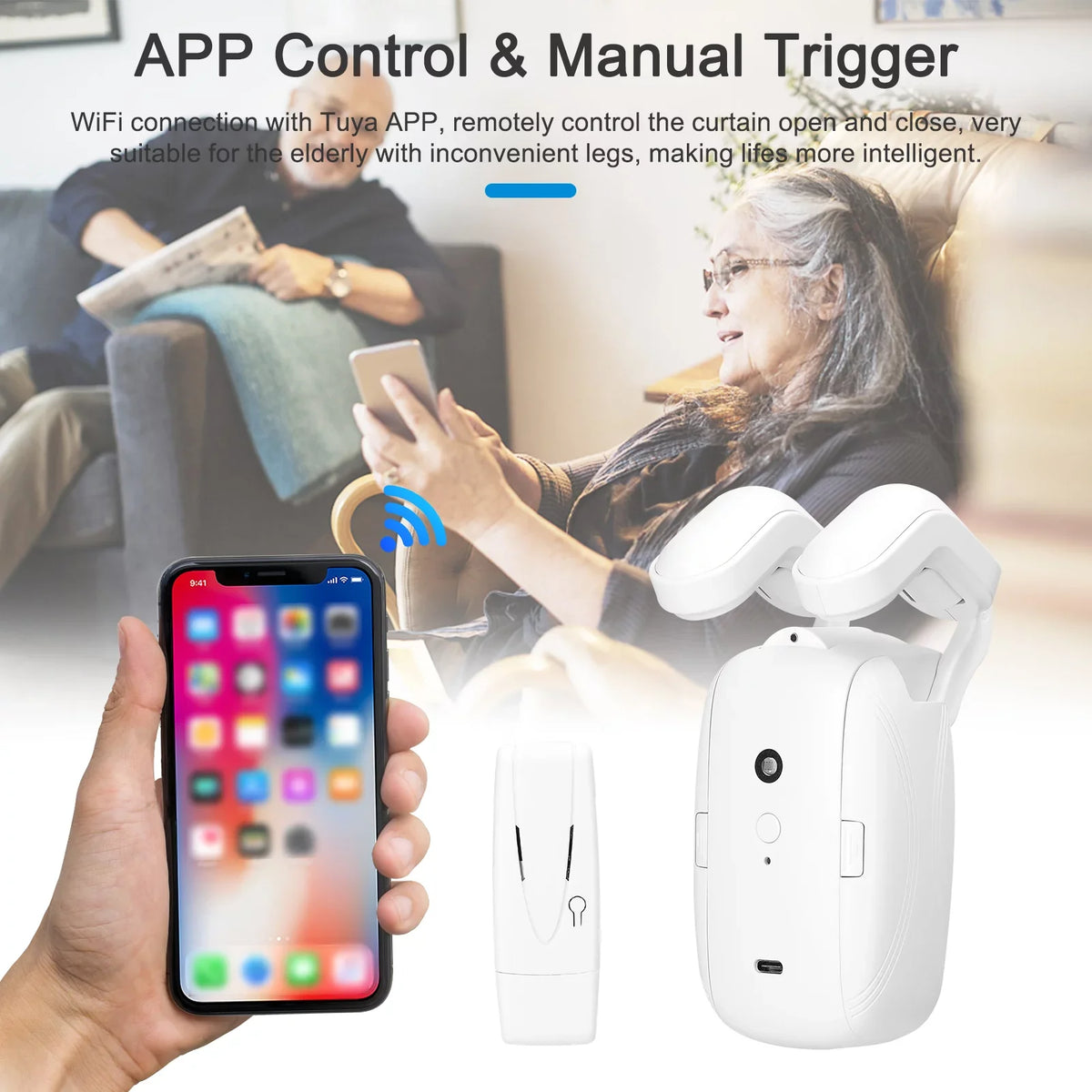 Htovila WiFi Intelligent Curtain Motor Powered Curtain Robot Automatic Opener No Wiring with Gateways Support APP Remote Control Timer Setup & Sensing Compatible with Home for Roman Rod