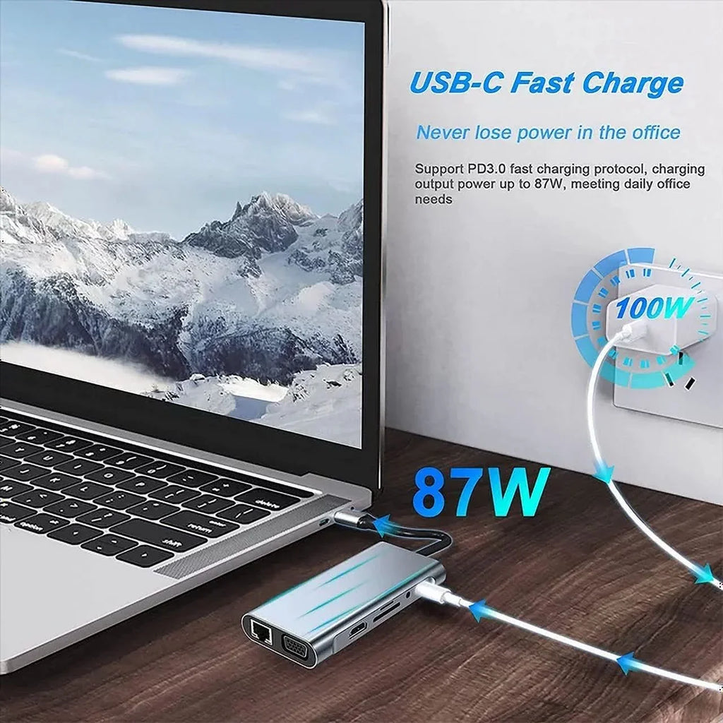 Kidsol USB C Laptop Docking Station 11-in-1 Multi-Port with 4K HDMI; VGA;Type-C PD100W Power;USB A*4; Gigabit LAN;SD;MicroSD;Compatible with Lenovo HP Dell MacBook Pro;Air 3.5mm Ports