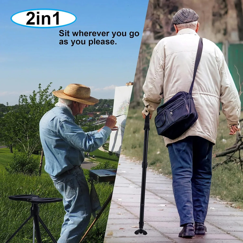 Portable Cane Seat Folding Walking Cane for Men & Women Sturdy Tripod Cane Stool Lightweight Balancing Mobility Aid Crutch Chair with Travel Bag and 2 Base Canes for Elderly; Seniors & Handicap