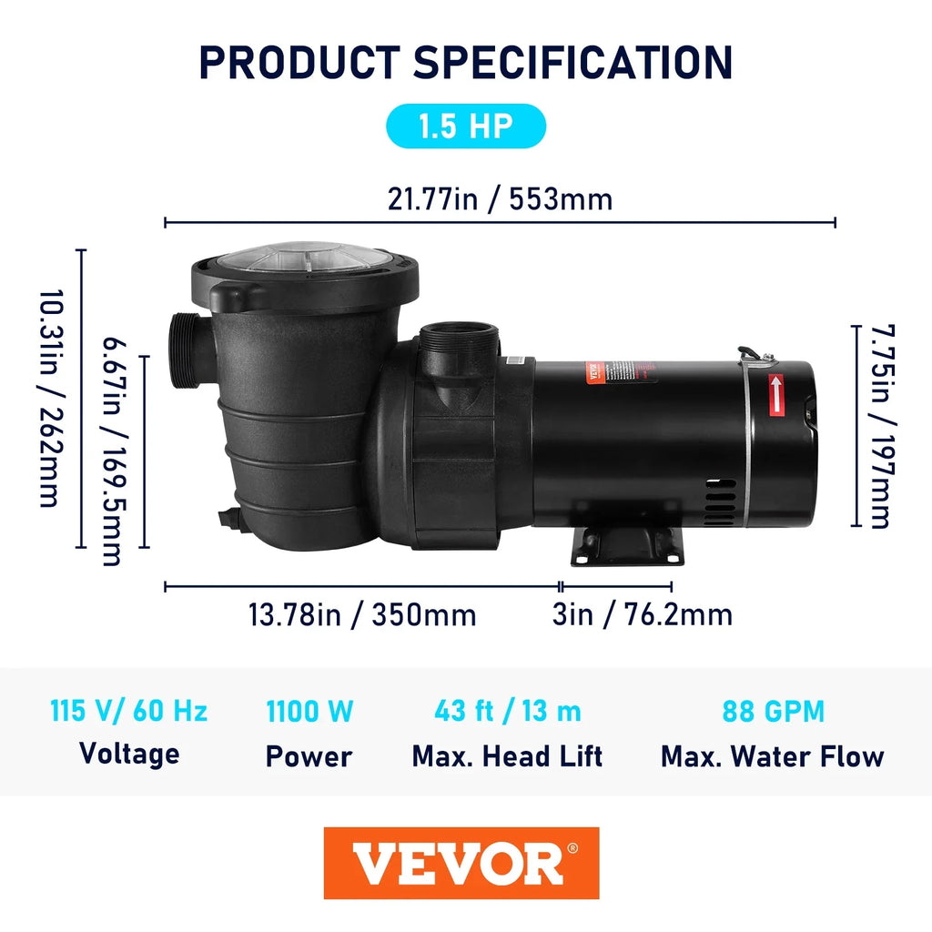 Happybuy Swimming Pool Pump; 1.5HP 115V; 1100W Single Speed Pumps for Above Ground Pool w/ Strainer Basket; 5280GPH Max. Flow; Certification of ETL