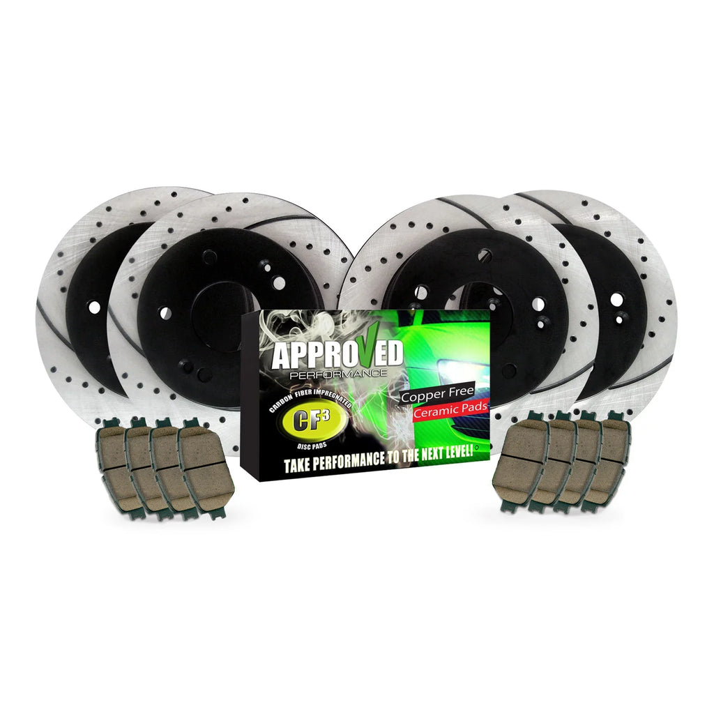 Approved Performance C2486 Front & Rear Drilled & Slotted; Black Powder Coated Disc Brake Rotor & Pad Kit Fits 200; Compass; Patriot; Lancer; Caliber; Avenger; NOTE: With 302 MM (11.89") Rear Rotors