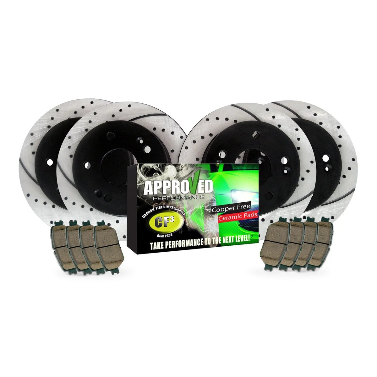 Approved Performance C2486 Front & Rear Drilled & Slotted; Black Powder Coated Disc Brake Rotor & Pad Kit Fits 200; Compass; Patriot; Lancer; Caliber; Avenger; NOTE: With 302 MM (11.89") Rear Rotors
