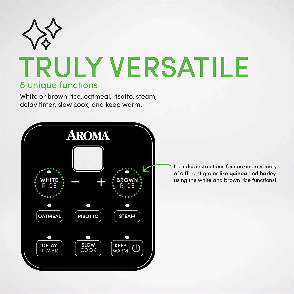 Aroma Housewares ARC-994SB 2O2O model Rice & Grain Cooker Slow Cook; Steam; Oatmeal; Risotto; 8-cup cooked/4-cup uncooked/2Qt; Stainless Steel