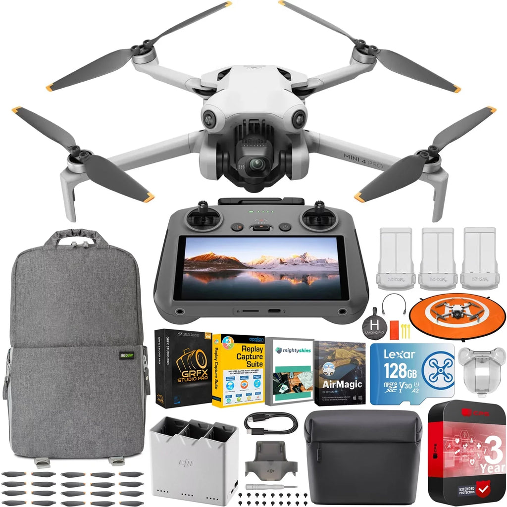 DJI Mini 4 Pro Folding Drone with RC 2 Remote (With Screen) Fly More Combo; 4K HDR Video; Under 249g; Omnidirectional Sensing; 3 Batteries Bundle with 3 Year CPS Extended Warranty & Accessories