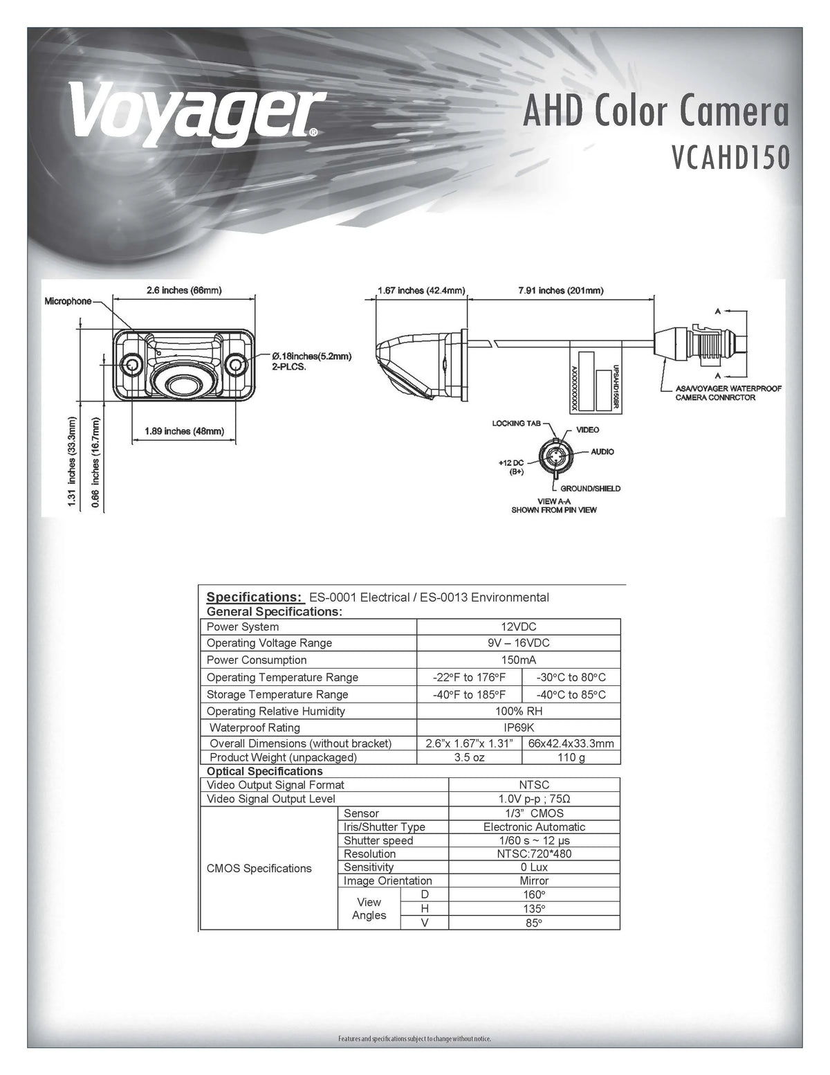 Voyager VCAHD150 Vehicle Surface Mount Heavy Duty AHD Rear Color Camera w/ Night Vision; 160-Degree Viewing Angle; IR LED Low Light Assist; White Impact Resistant Aluminum Housing; IP69K Liquidproof